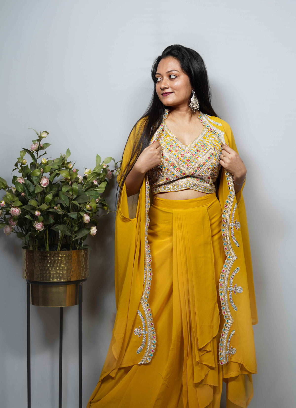 Mustard Georgette Embroidered Crop Top & Ruffle skirt Co-ord Set with Cape