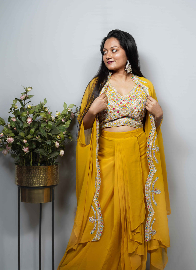Mustard Georgette Embroidered Crop Top & Ruffle skirt Co-ord Set with Cape