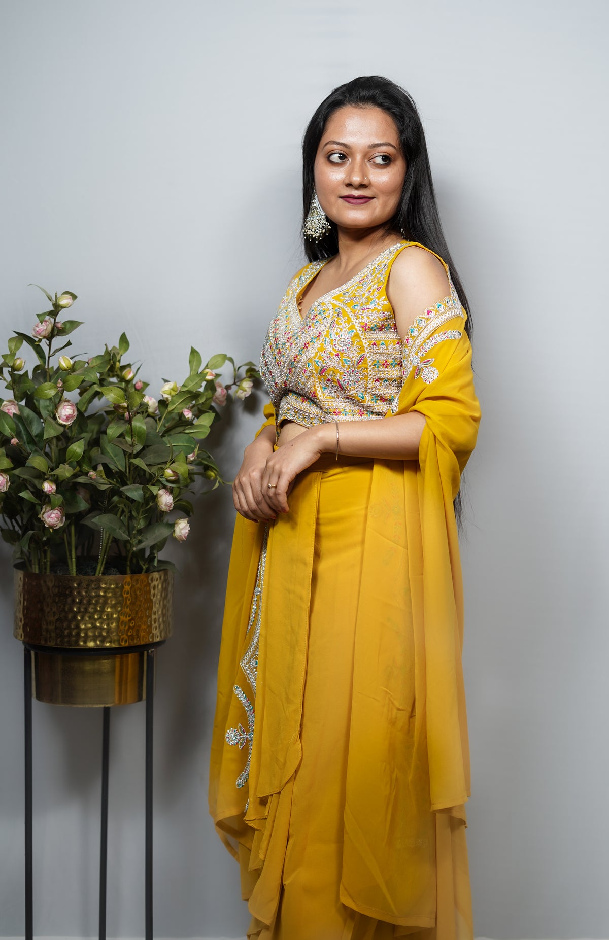 Mustard Georgette Embroidered Crop Top & Ruffle skirt Co-ord Set with Cape