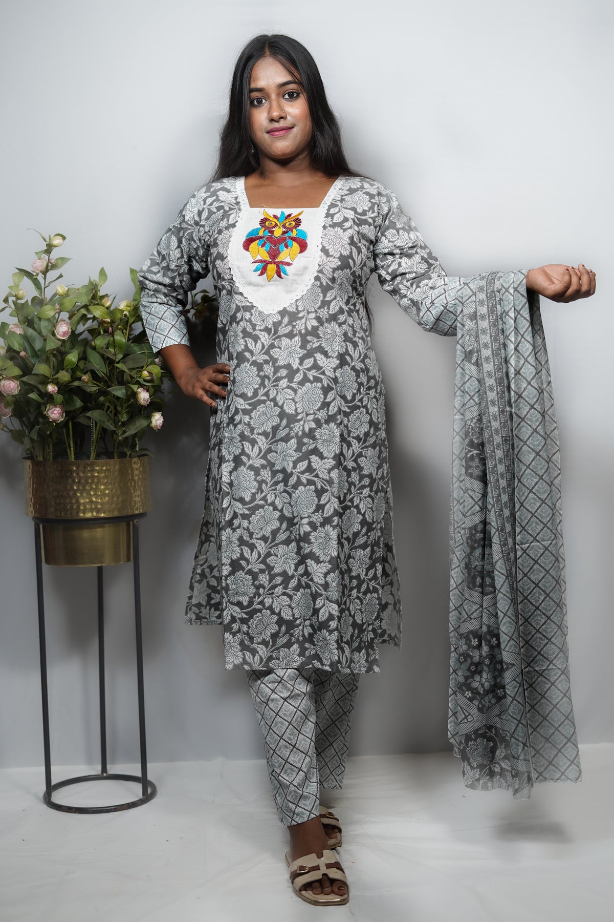 Floral Print Cotton Kurta Set with Embroidered Owl Motif Yoke — Kurta, Pant & Dupatta