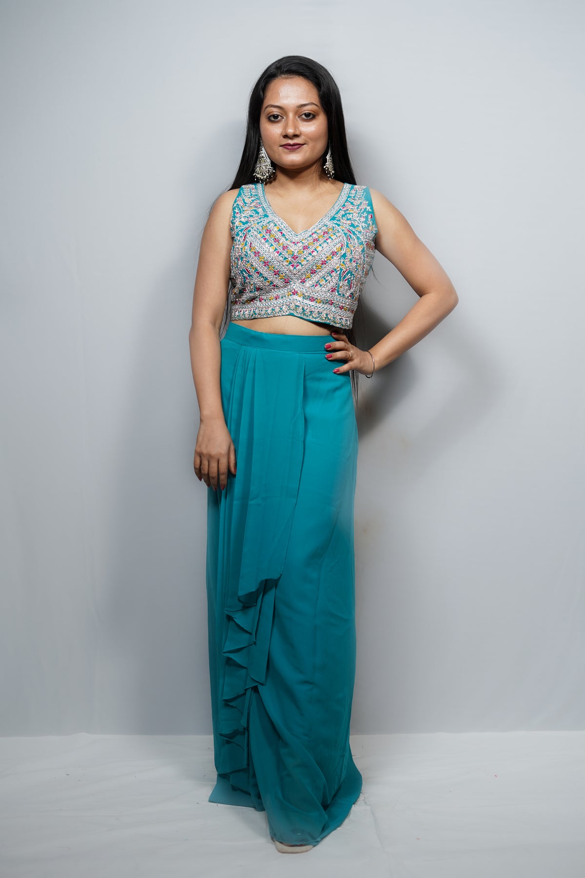 Mustard Georgette Embroidered Crop Top & Ruffle skirt Co-ord Set with Cape