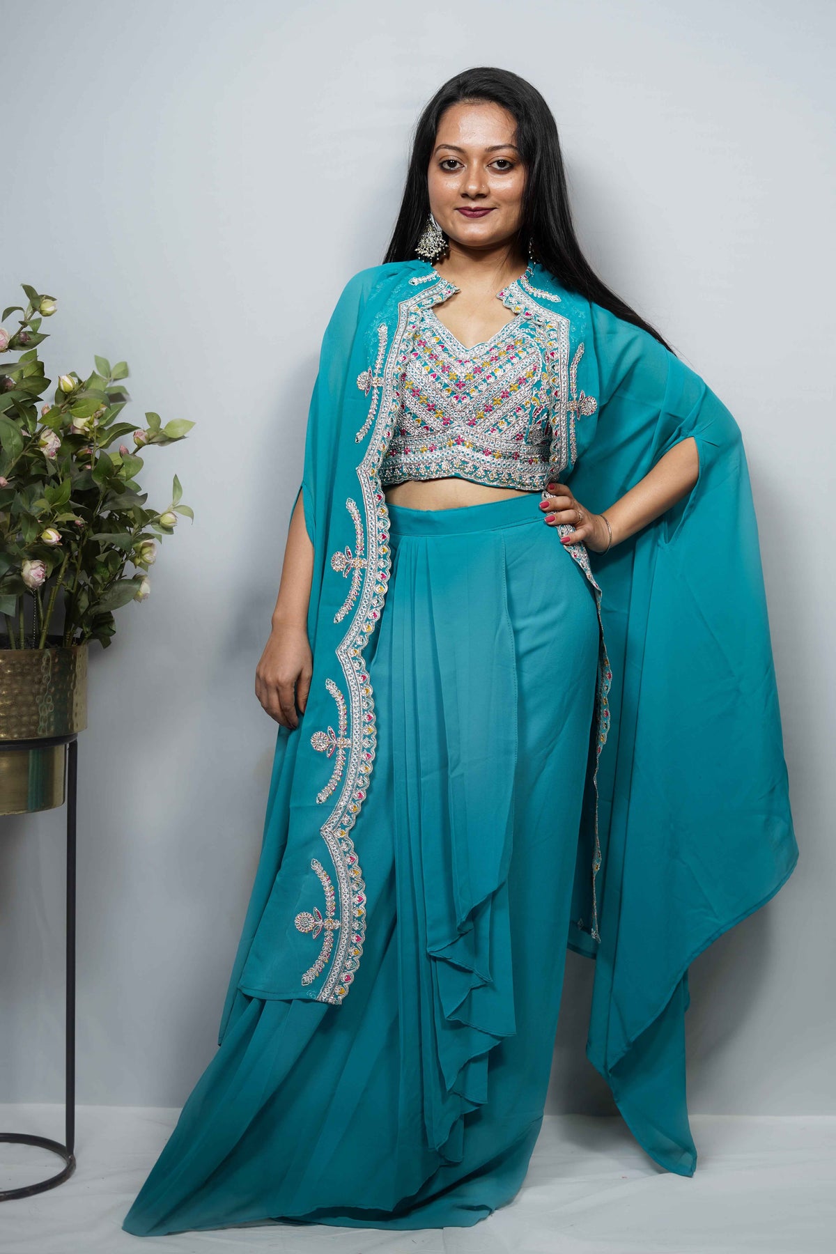Mustard Georgette Embroidered Crop Top & Ruffle skirt Co-ord Set with Cape