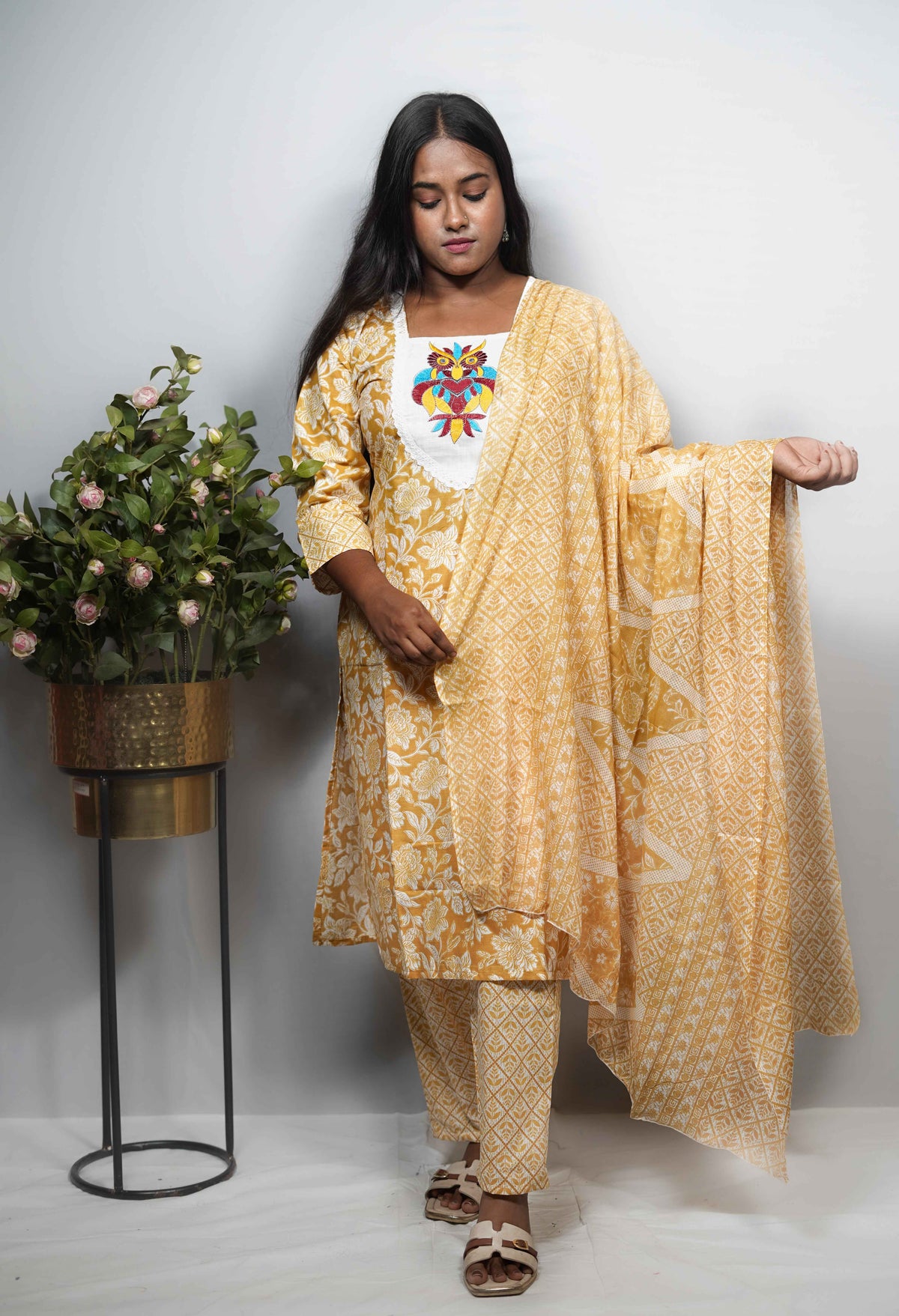 Floral Print Cotton Kurta Set with Embroidered Owl Motif Yoke — Kurta, Pant & Dupatta