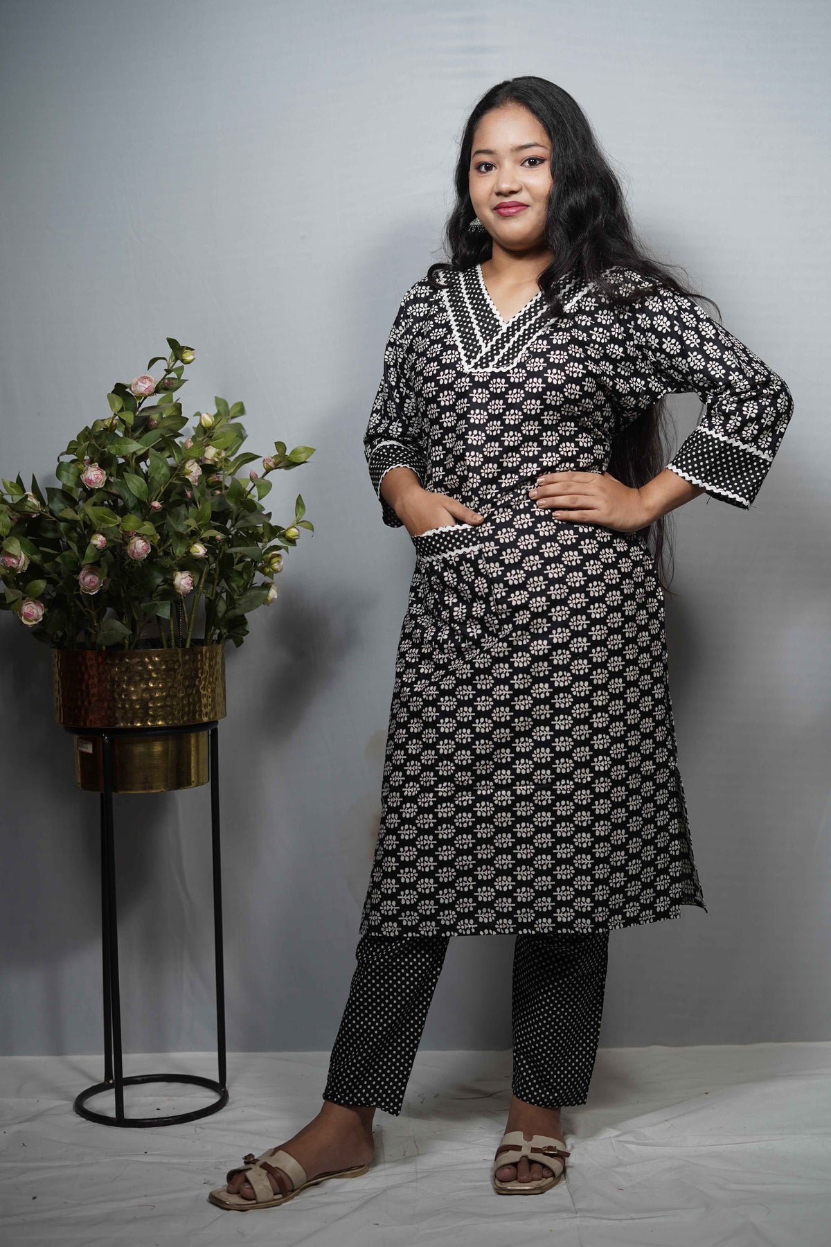 Black and White Print Cotton Kurta Set with Crochet Neckline