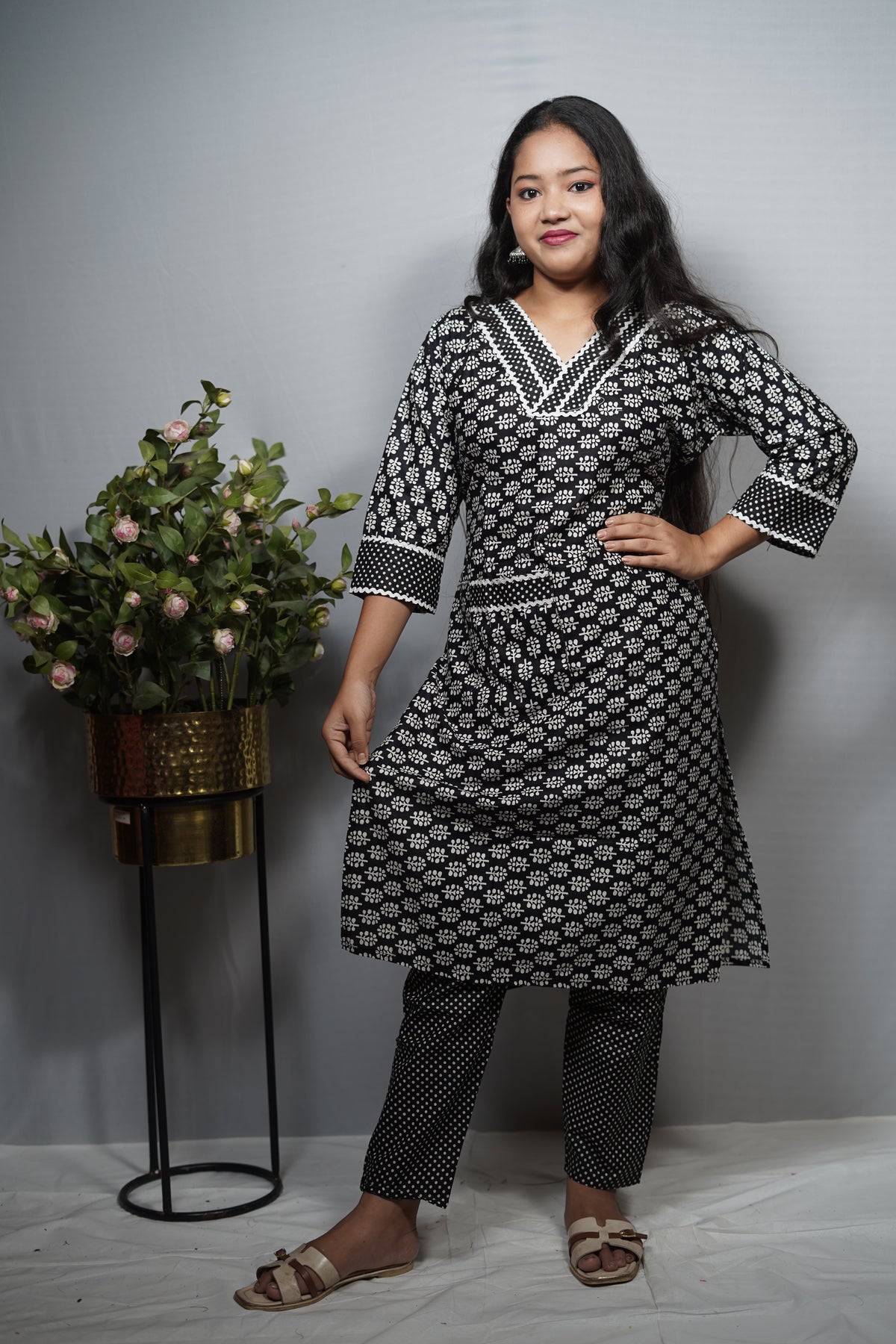 Black and White Print Cotton Kurta Set with Crochet Neckline