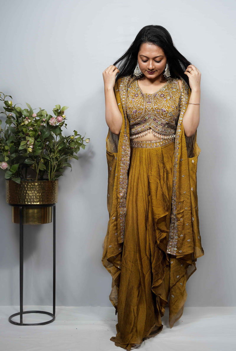 Olive Gold Embroidered Crop Top & Ruffle Skirt Co-ord Set with cape