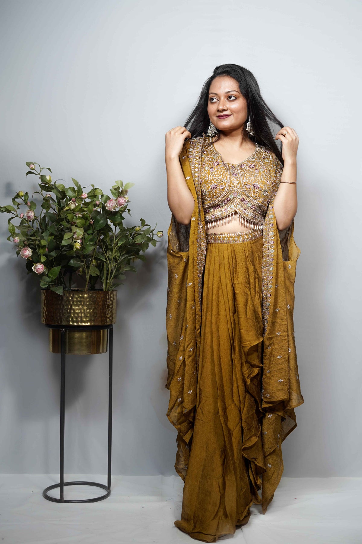 Olive Gold Embroidered Crop Top & Ruffle Skirt Co-ord Set with cape