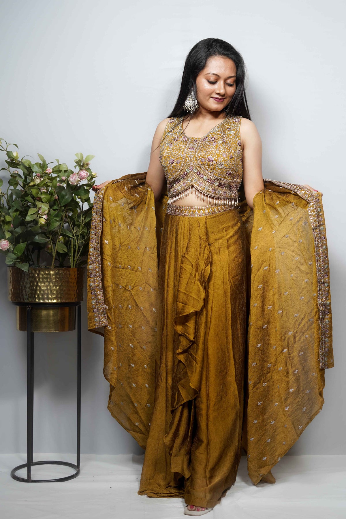 Olive Gold Embroidered Crop Top & Ruffle Skirt Co-ord Set with cape