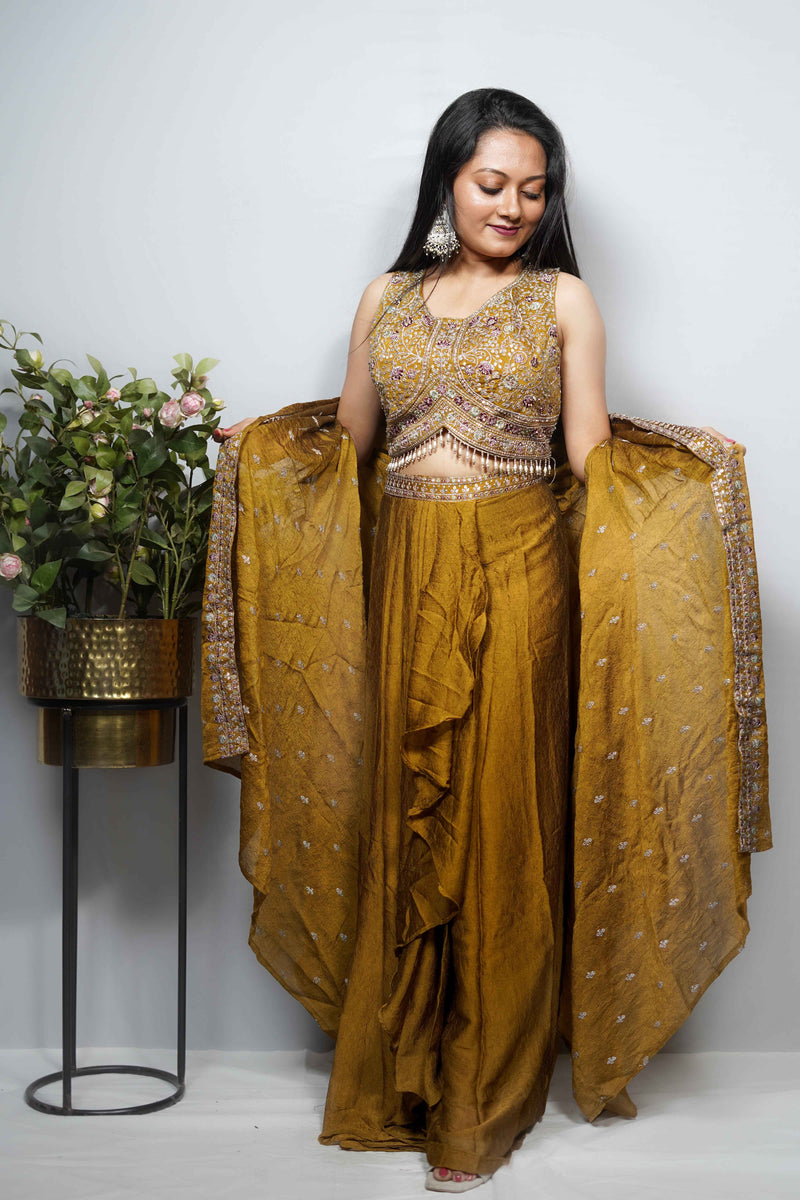 Olive Gold Embroidered Crop Top & Ruffle Skirt Co-ord Set with cape