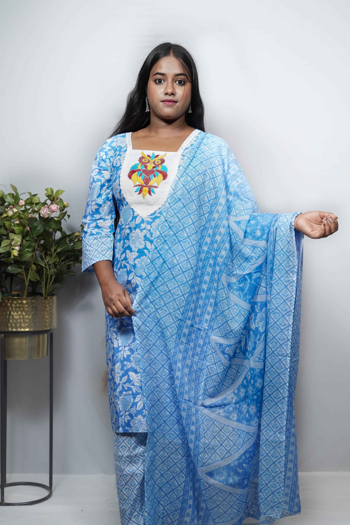 Floral Print Cotton Kurta Set with Embroidered Owl Motif Yoke — Kurta, Pant & Dupatta