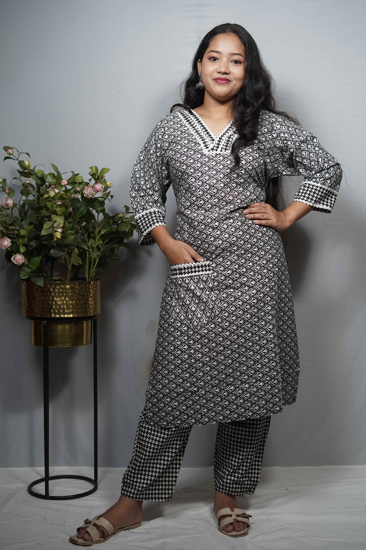 Black and White Print Cotton Kurta Set with Crochet Neckline