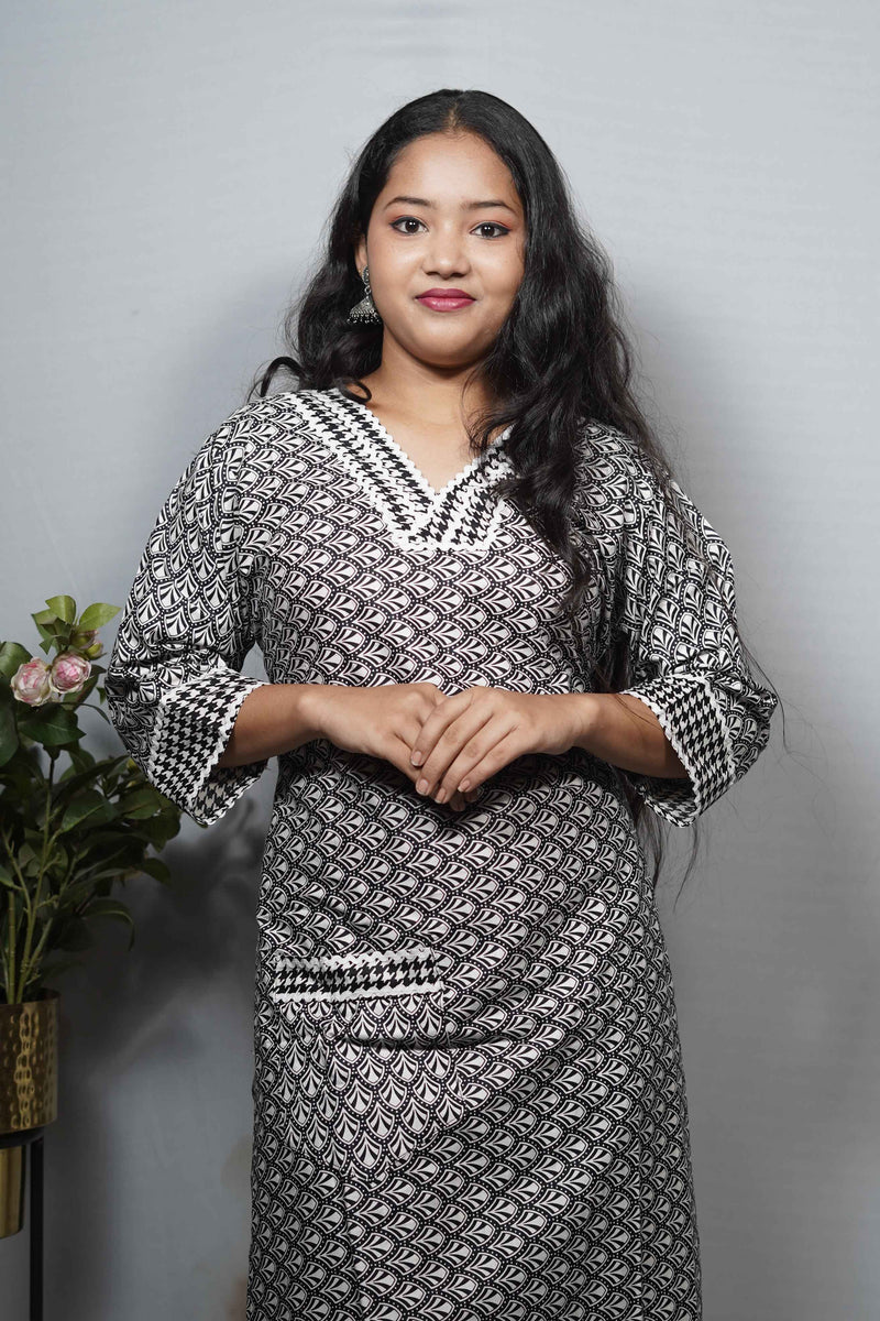 Black and White Print Cotton Kurta Set with Crochet Neckline