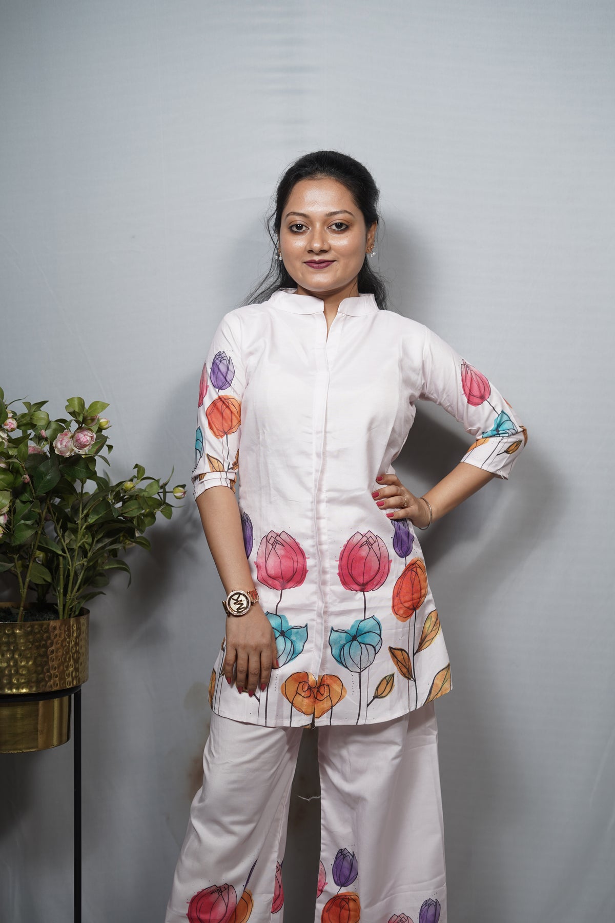 White Tulip Print Cotton Top & Pant Co-ord Set with Mandarin Collar