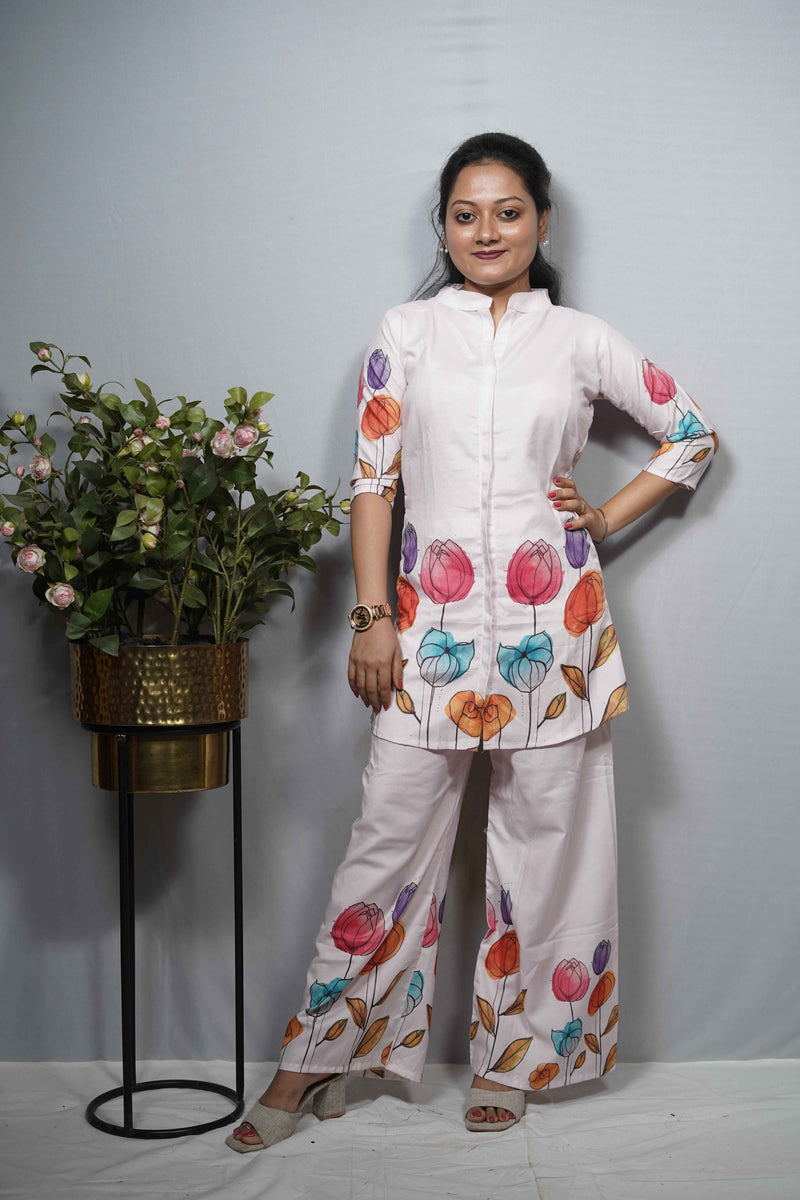 White Tulip Print Cotton Top & Pant Co-ord Set with Mandarin Collar
