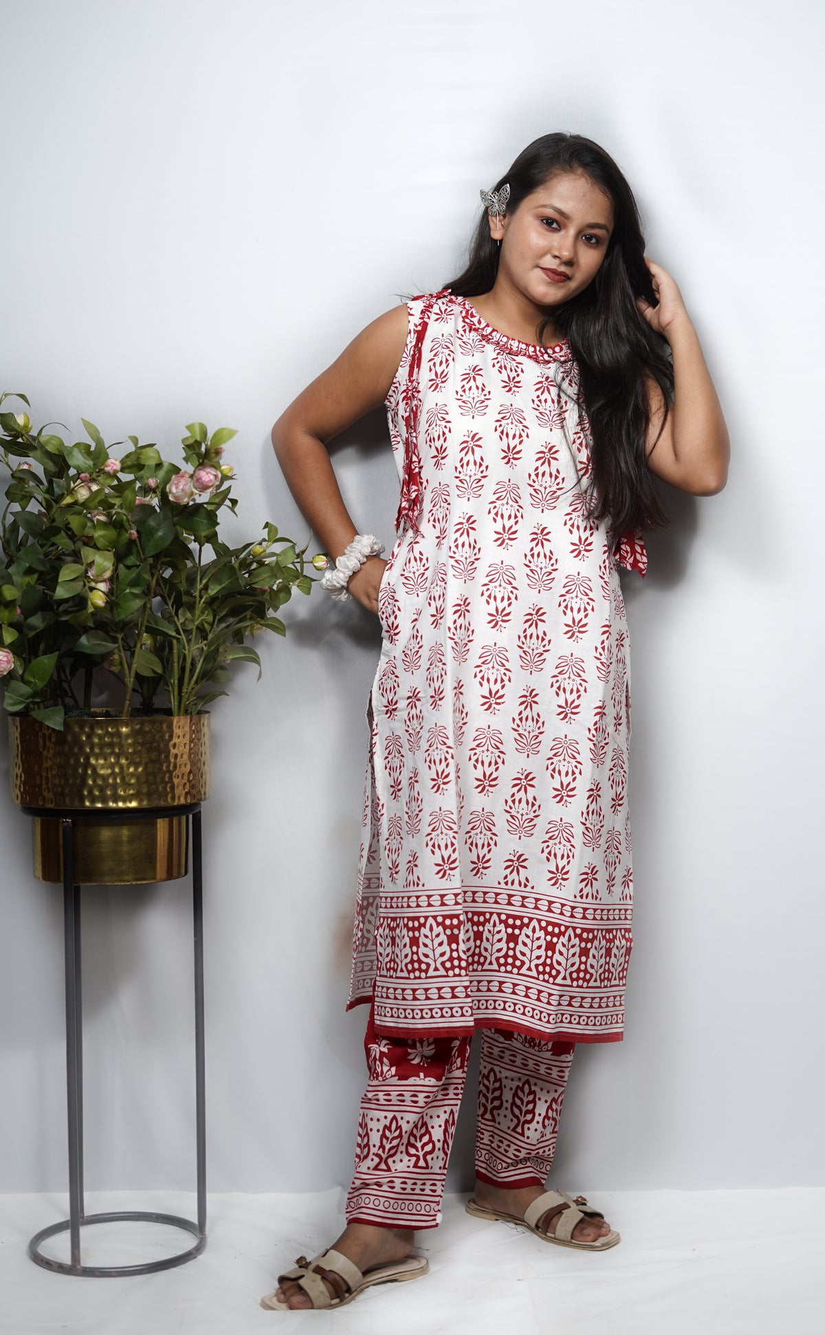 Reversible Block Print Cotton Kurta Set with Tie-Shoulder Detail — Kurta & Pant