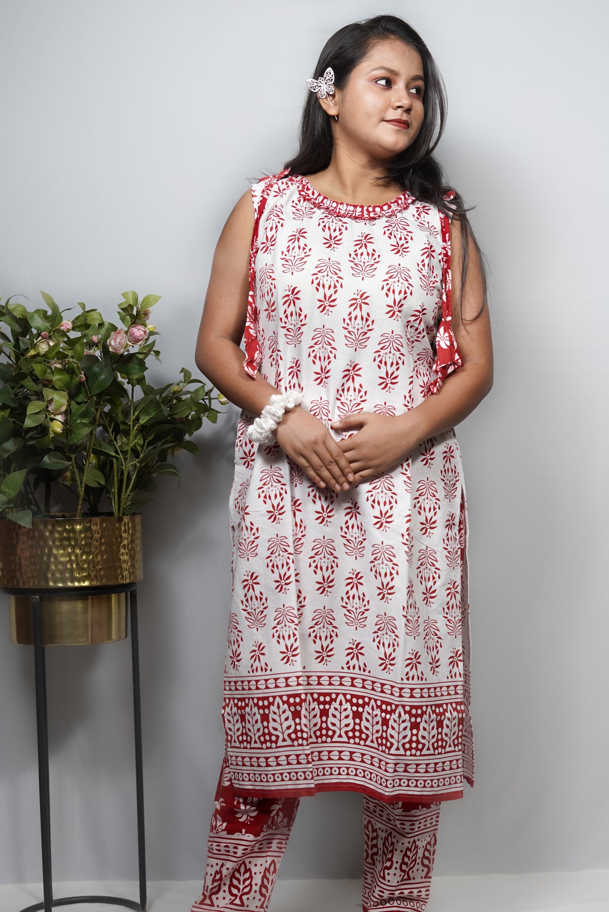 Reversible Block Print Cotton Kurta Set with Tie-Shoulder Detail — Kurta & Pant