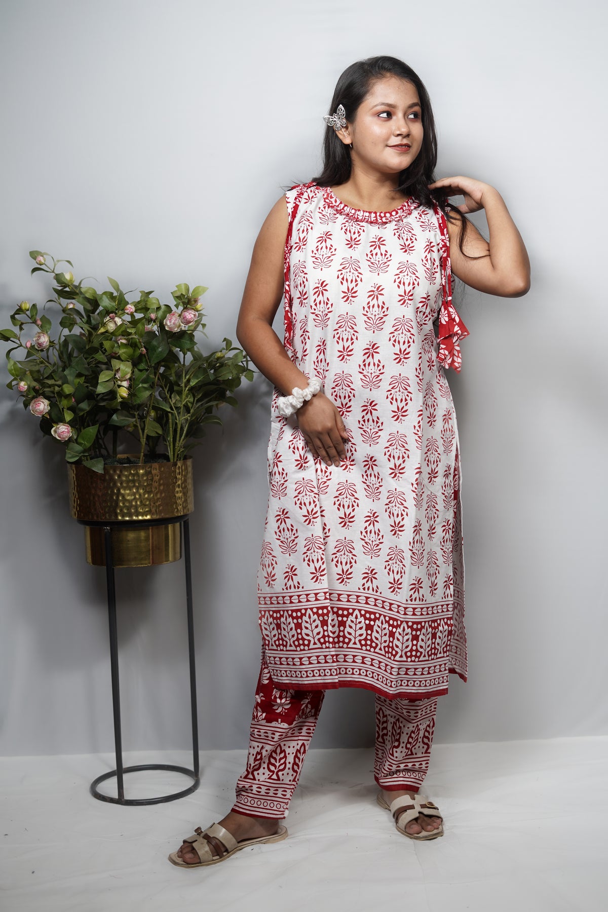 Reversible Block Print Cotton Kurta Set with Tie-Shoulder Detail — Kurta & Pant