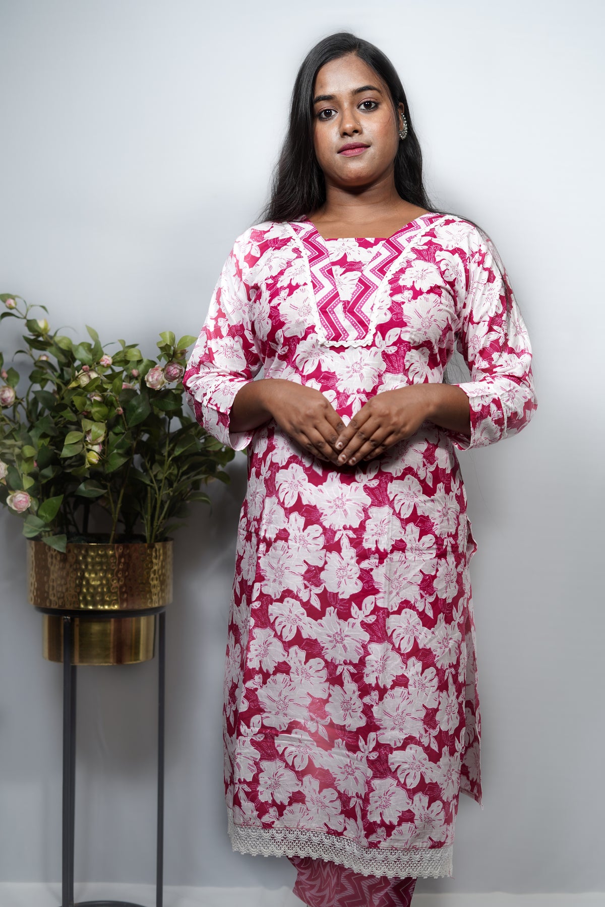 Block Print Cotton Kurta Set with Contrast Yoke & Crochet Lace Trim — Kurta & Pant