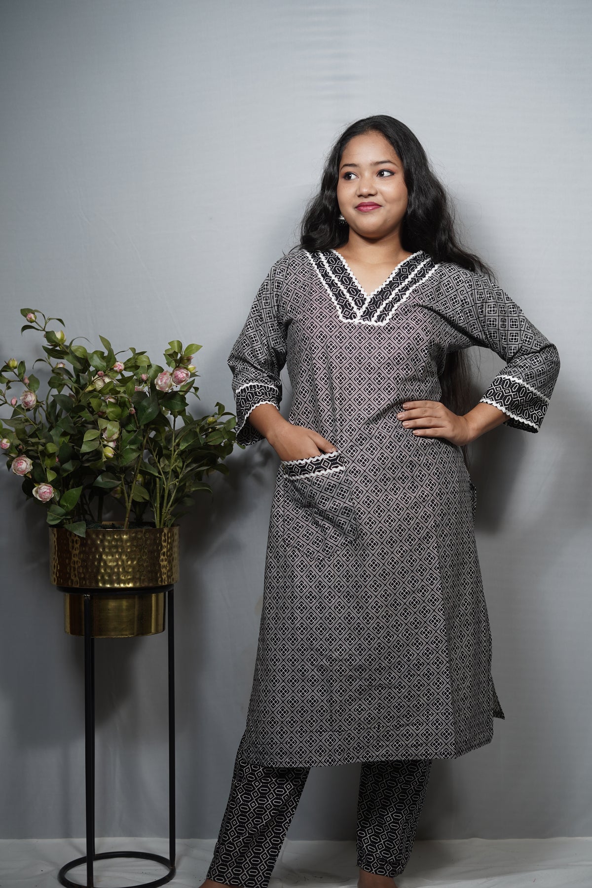 Black and White Print Cotton Kurta Set with Crochet Neckline