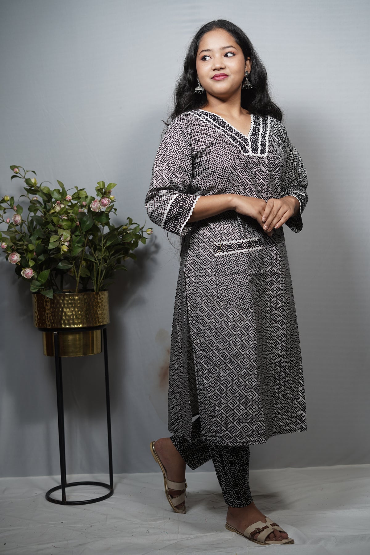 Black and White Print Cotton Kurta Set with Crochet Neckline