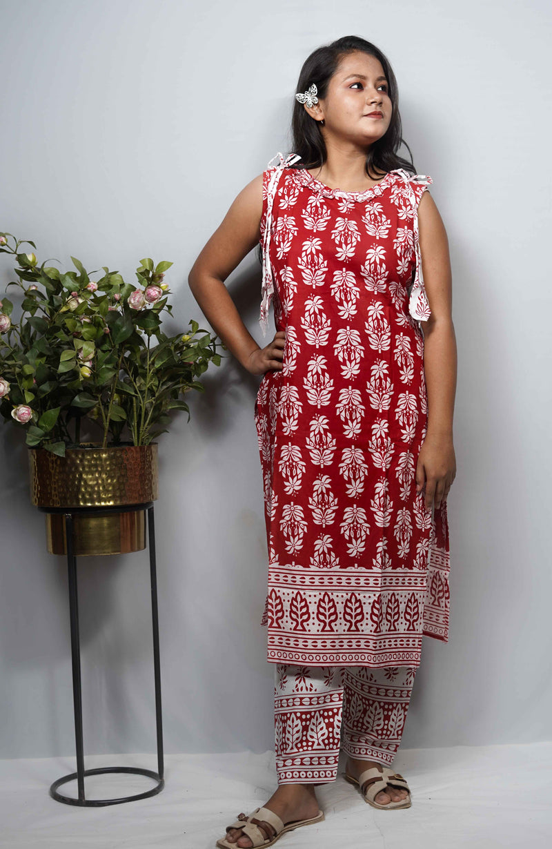 Reversible Block Print Cotton Kurta Set with Tie-Shoulder Detail — Kurta & Pant