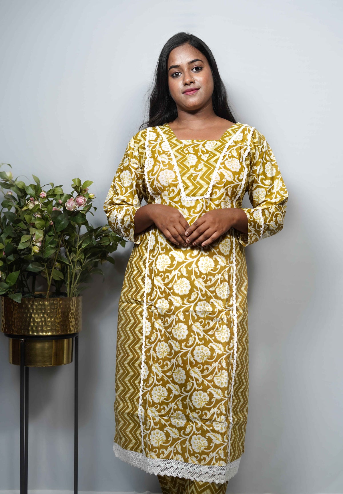 Block Print Cotton Kurta Set with Contrast Yoke & Crochet Lace Trim — Kurta & Pant