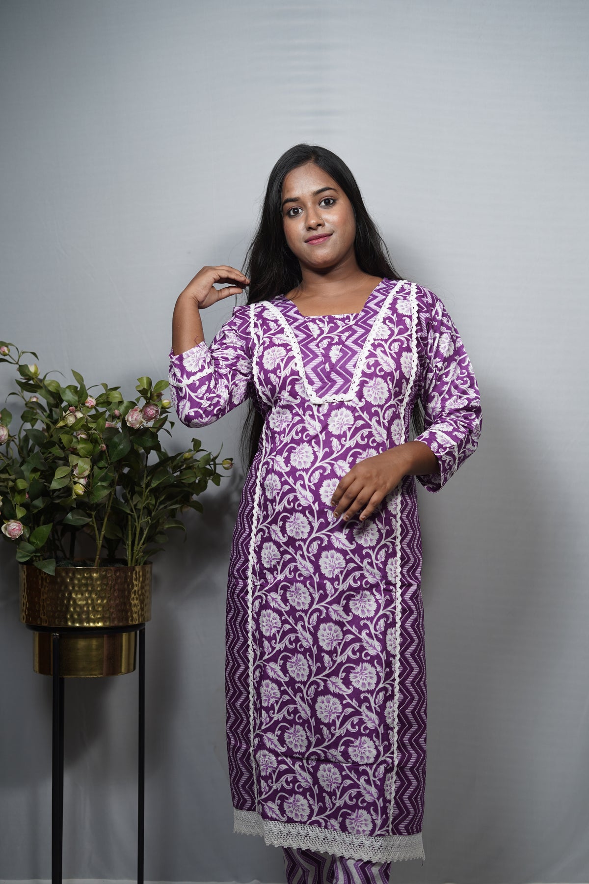 Block Print Cotton Kurta Set with Contrast Yoke & Crochet Lace Trim — Kurta & Pant