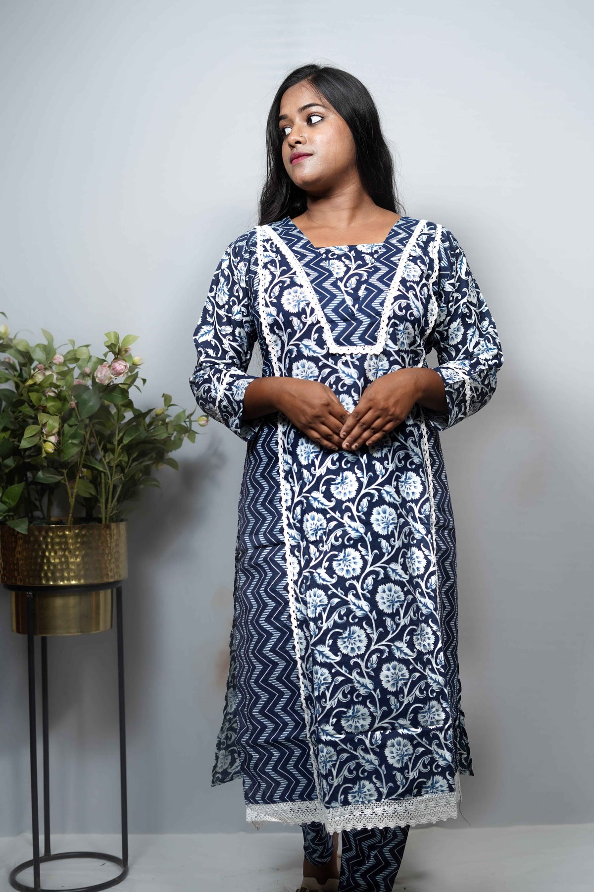 Block Print Cotton Kurta Set with Contrast Yoke & Crochet Lace Trim — Kurta & Pant