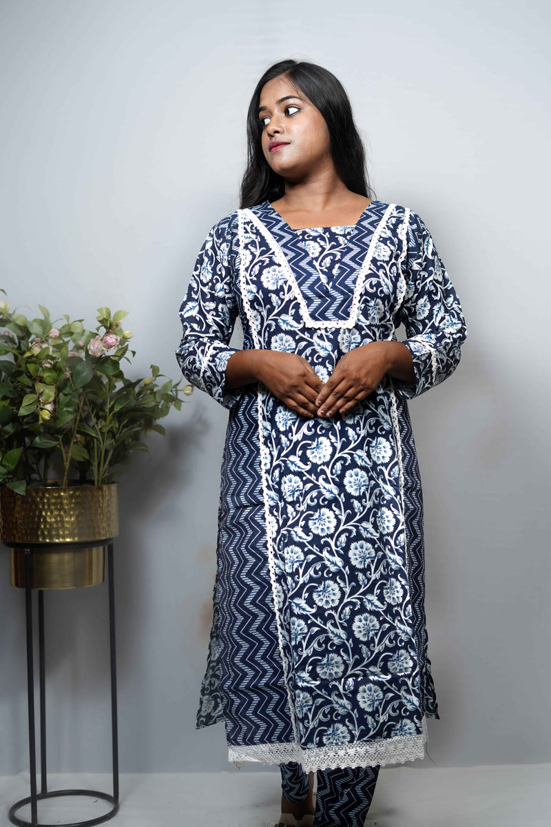 Block Print Cotton Kurta Set with Contrast Yoke & Crochet Lace Trim — Kurta & Pant