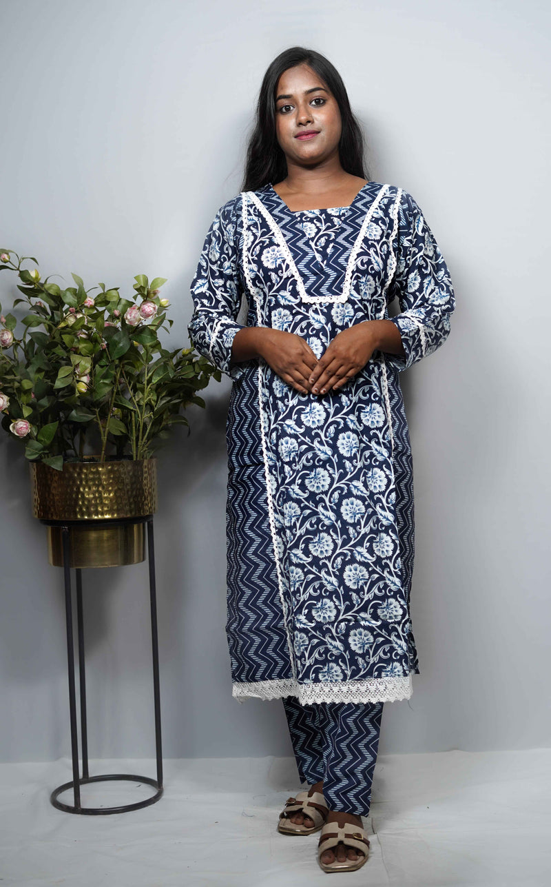 Block Print Cotton Kurta Set with Contrast Yoke & Crochet Lace Trim — Kurta & Pant