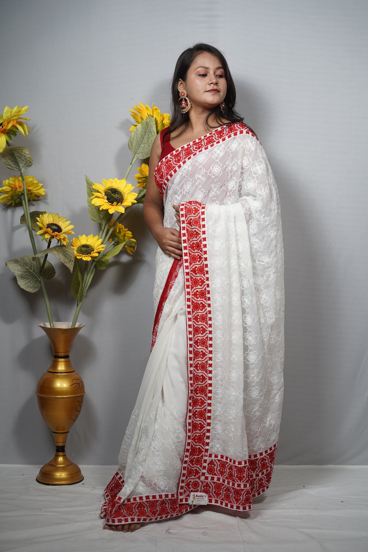 Premium White Chikankari Saree with Festive Red Embroidered Border (Lal Paar Heritage)