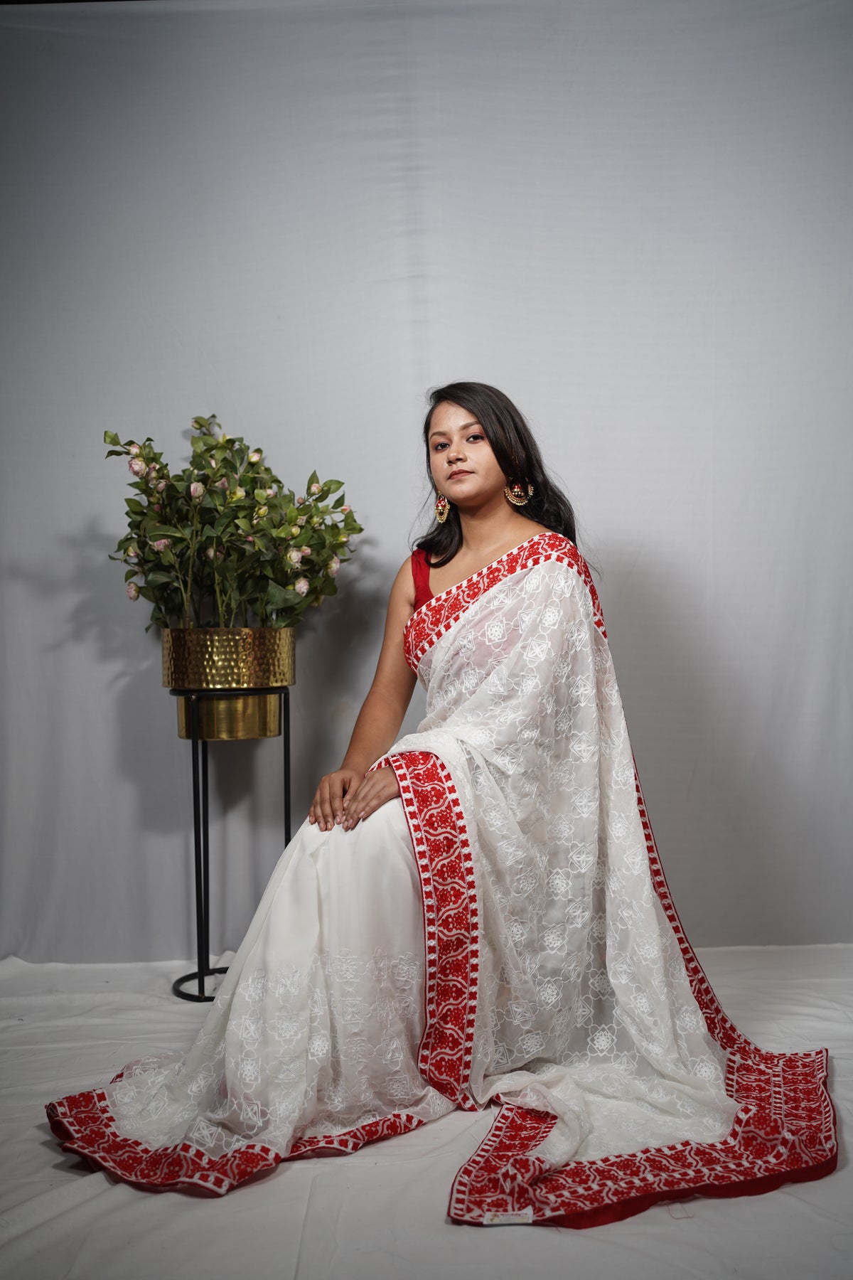 Premium White Chikankari Saree with Festive Red Embroidered Border (Lal Paar Heritage)