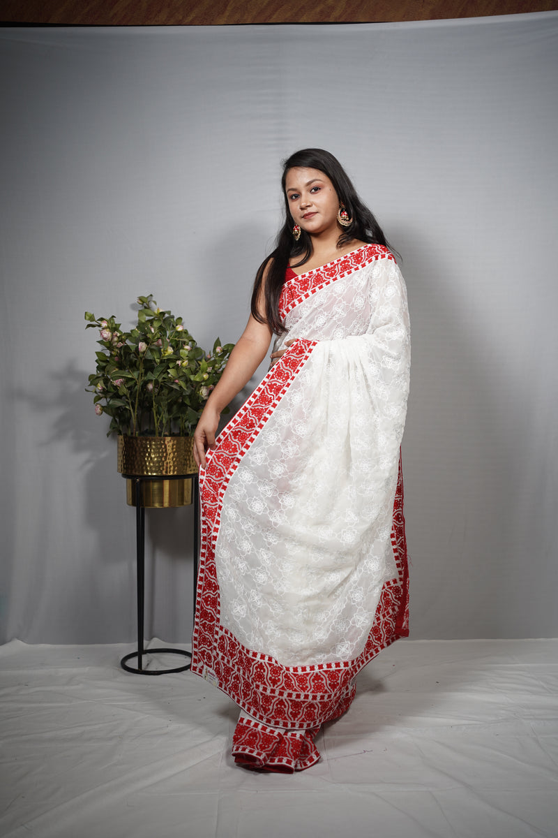 Premium White Chikankari Saree with Festive Red Embroidered Border (Lal Paar Heritage)