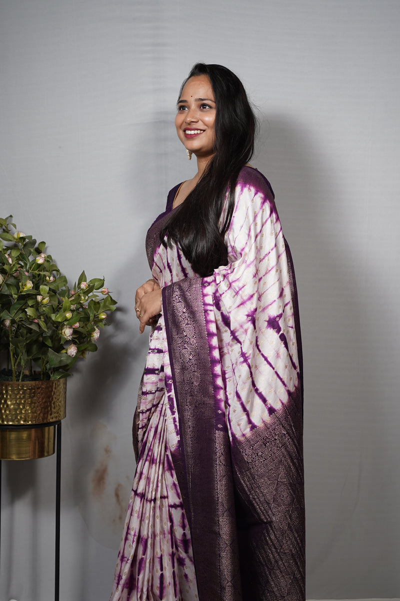 Premium Shibori Tie-Dye Saree with Banarasi Zari Border and Woven Butis