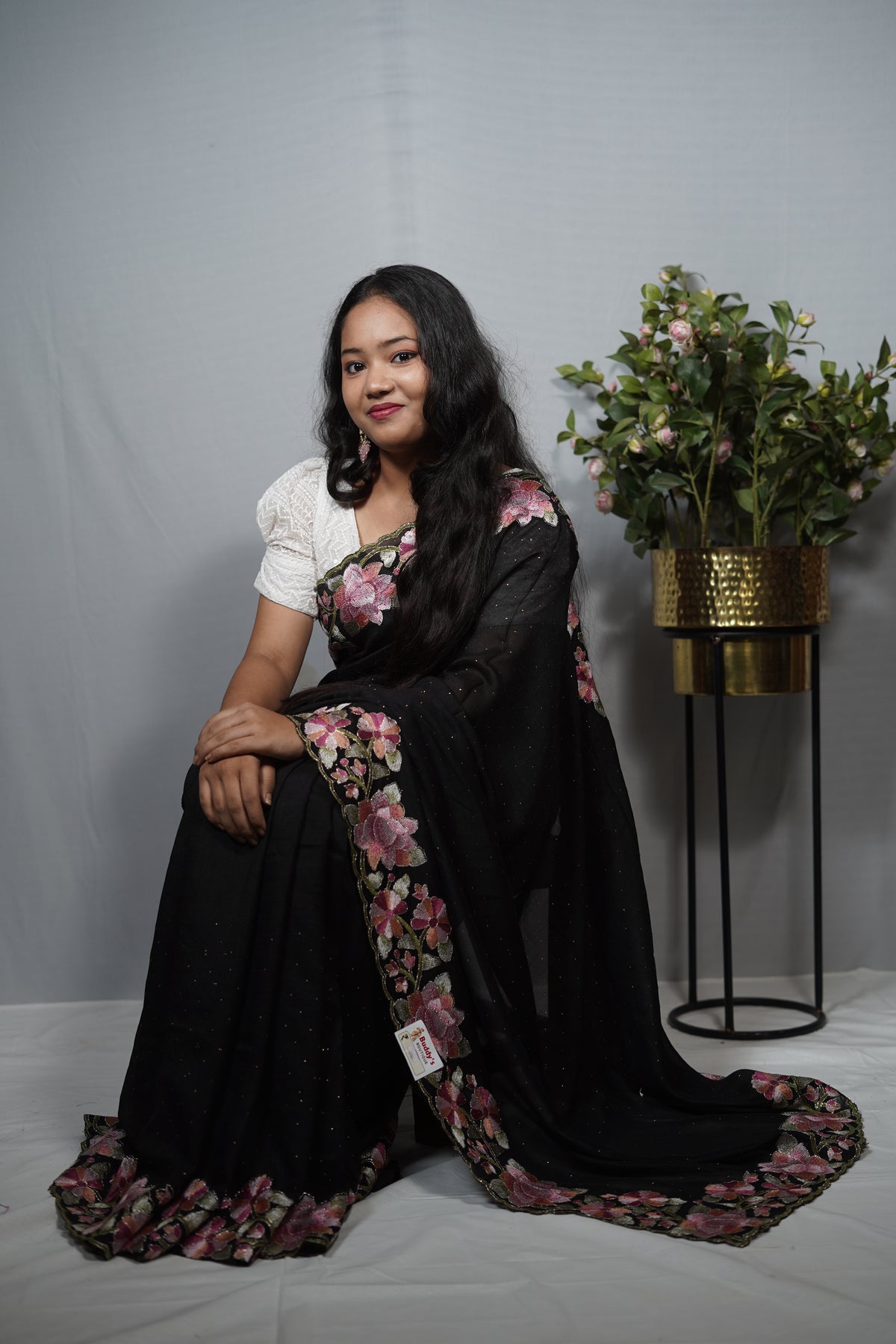 Black Georgette Saree with Floral Embroidered Border — Pink & Green Threadwork