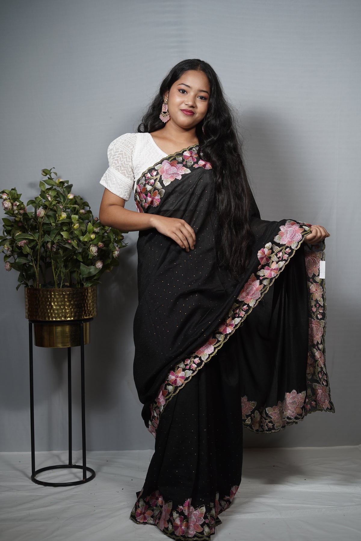 Black Georgette Saree with Floral Embroidered Border — Pink & Green Threadwork