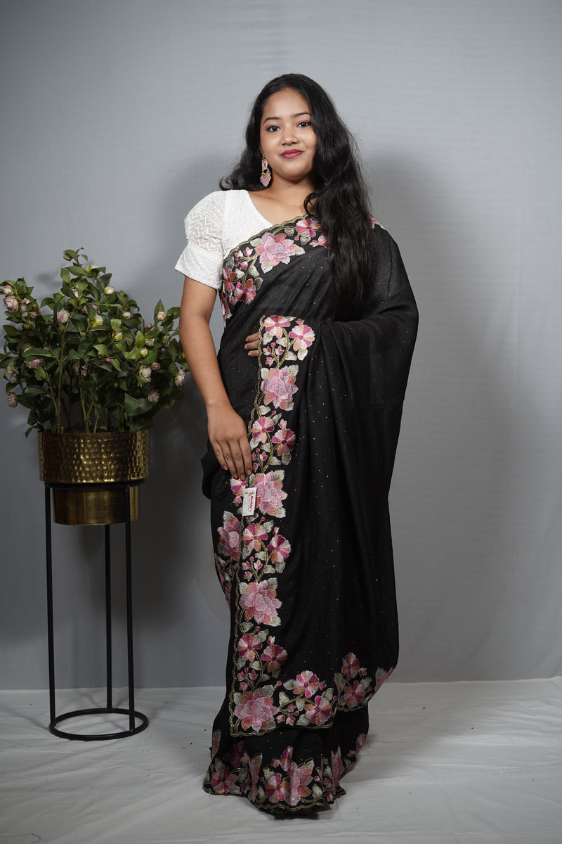 Black Georgette Saree with Floral Embroidered Border — Pink & Green Threadwork