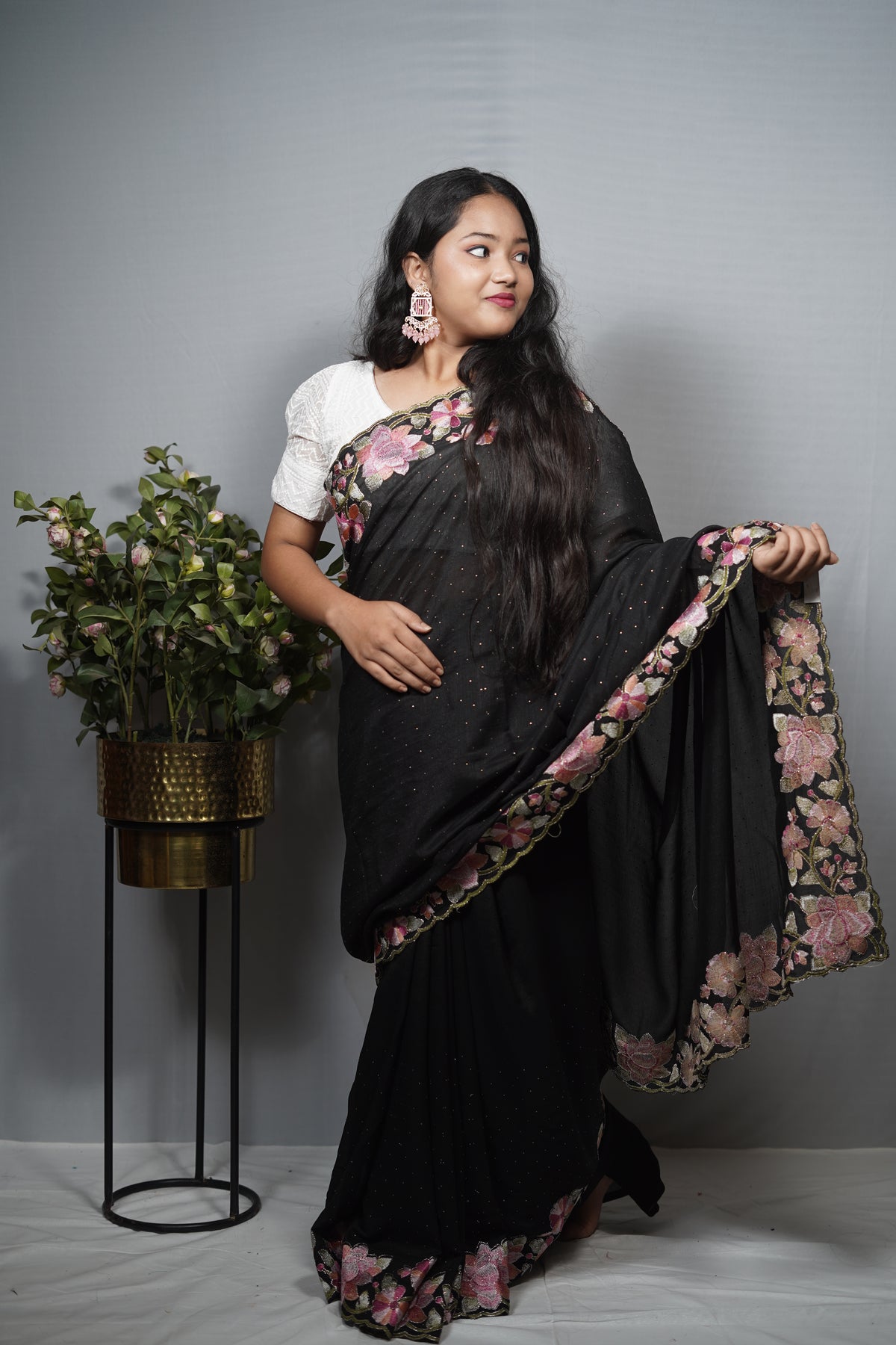 Black Georgette Saree with Floral Embroidered Border — Pink & Green Threadwork