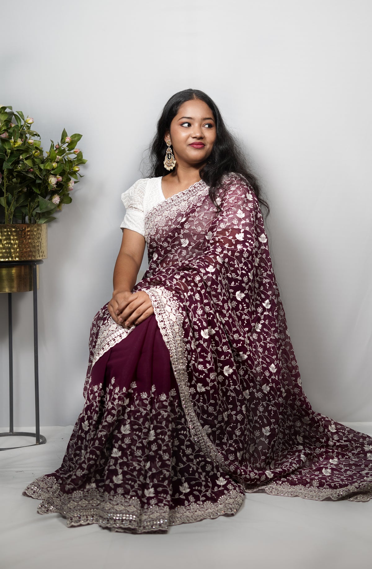 Georgette Saree with All-Over Ivory Floral Vine Embroidery & Stone Work