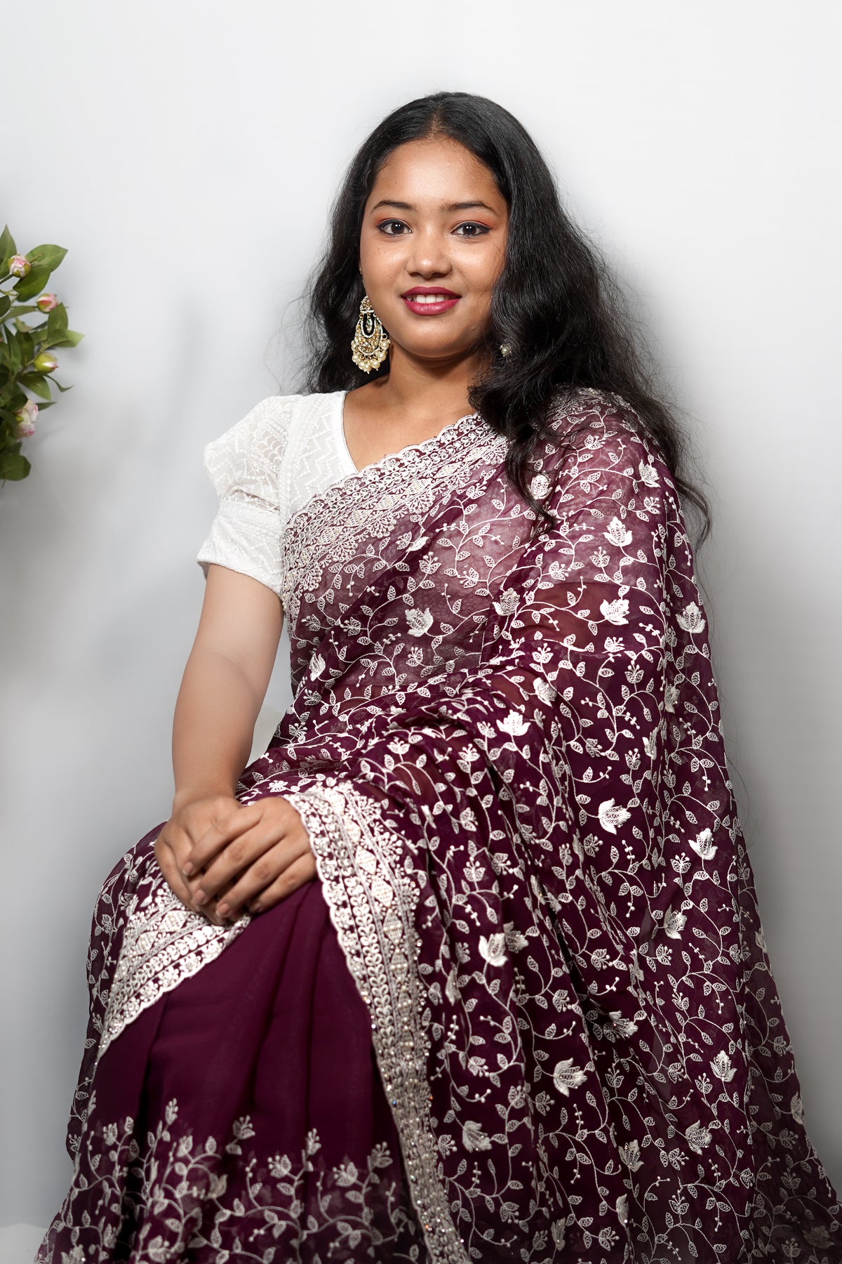 Georgette Saree with All-Over Ivory Floral Vine Embroidery & Stone Work