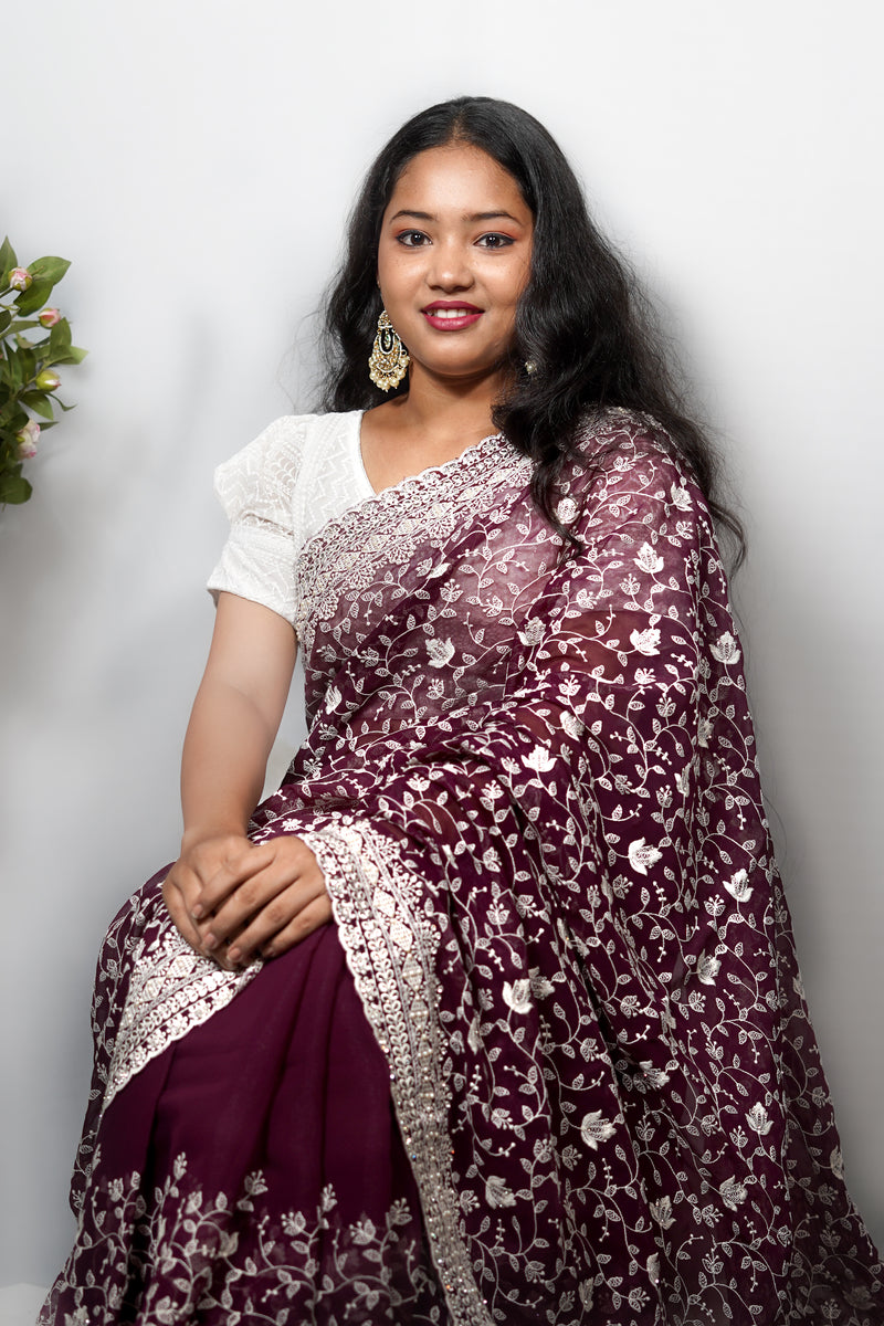 Georgette Saree with All-Over Ivory Floral Vine Embroidery & Stone Work