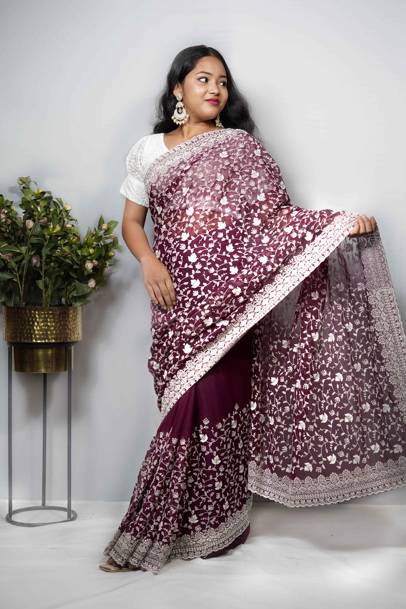 Georgette Saree with All-Over Ivory Floral Vine Embroidery & Stone Work