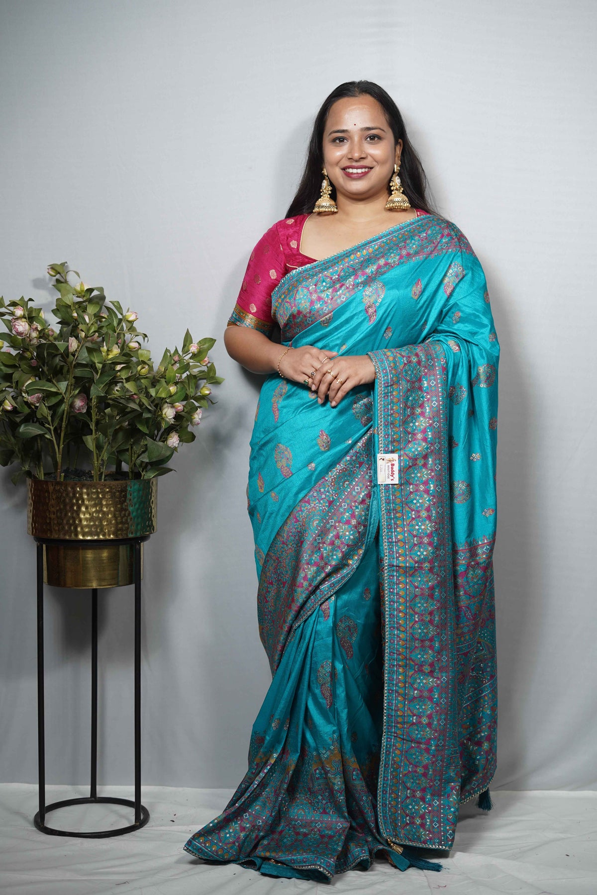Kashmiri Karni Silk Saree with Multicolour Paisley Weave Attached BP