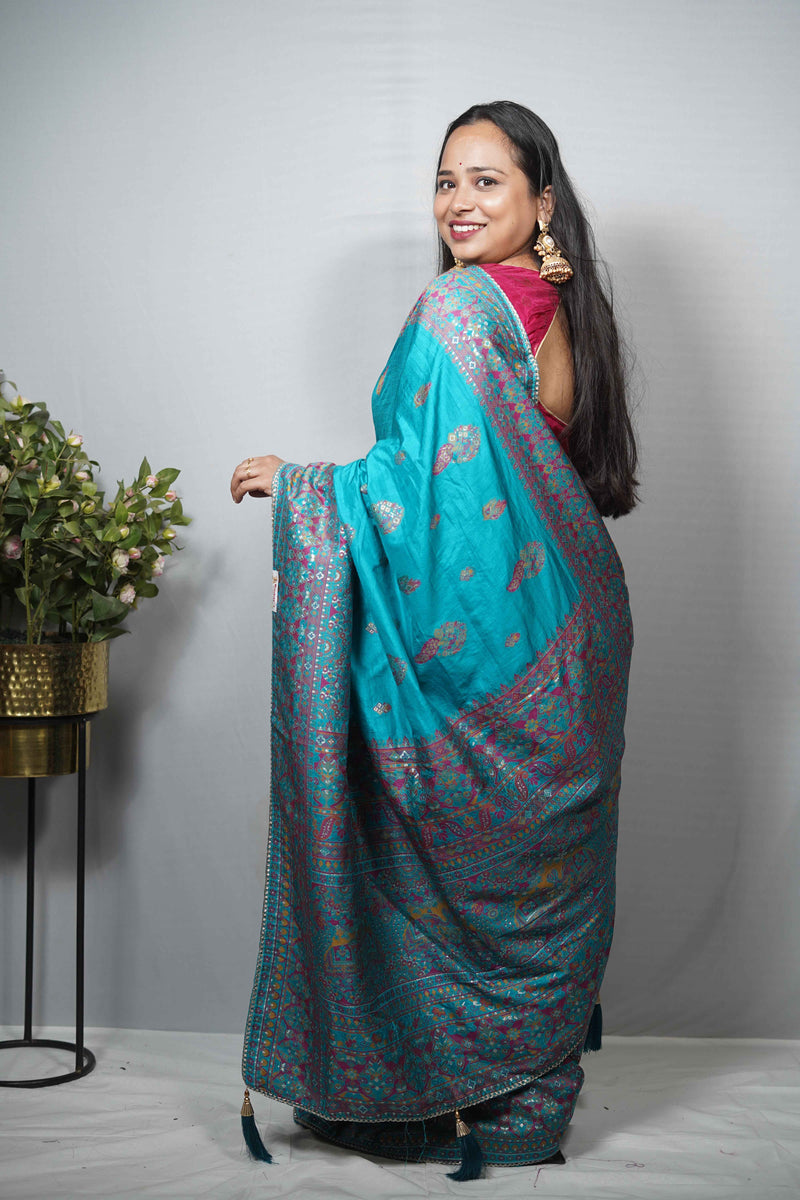 Kashmiri Karni Silk Saree with Multicolour Paisley Weave Attached BP