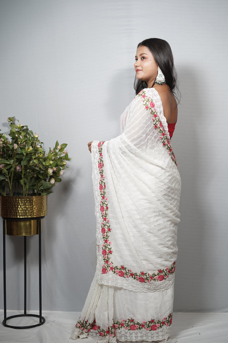 Premium White Georgette Saree with Kashmiri Floral Embroidery & Scalloped Lace Border