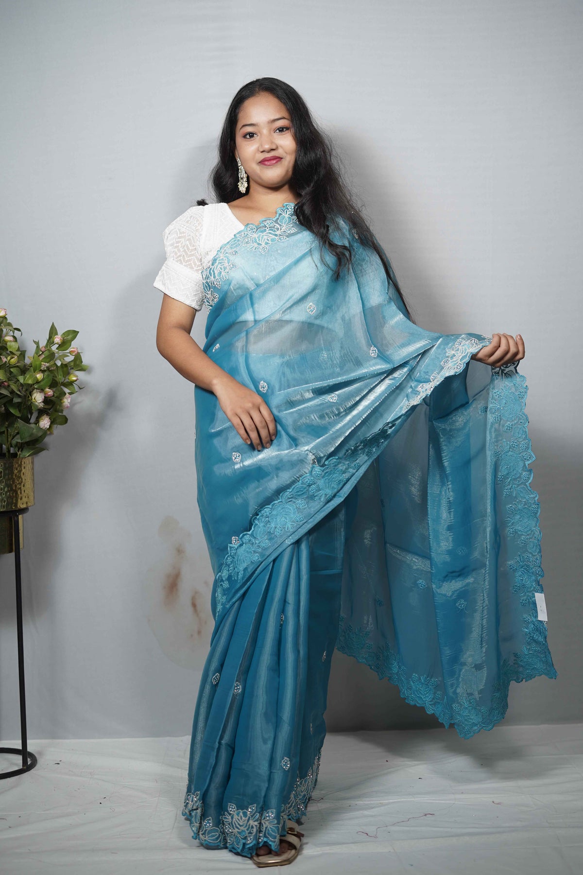 Teal Blue Jimmy Choo Saree with Scalloped Floral Cutwork Border & stone Work