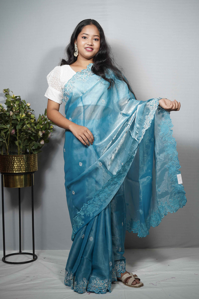 Teal Blue Jimmy Choo Saree with Scalloped Floral Cutwork Border & stone Work