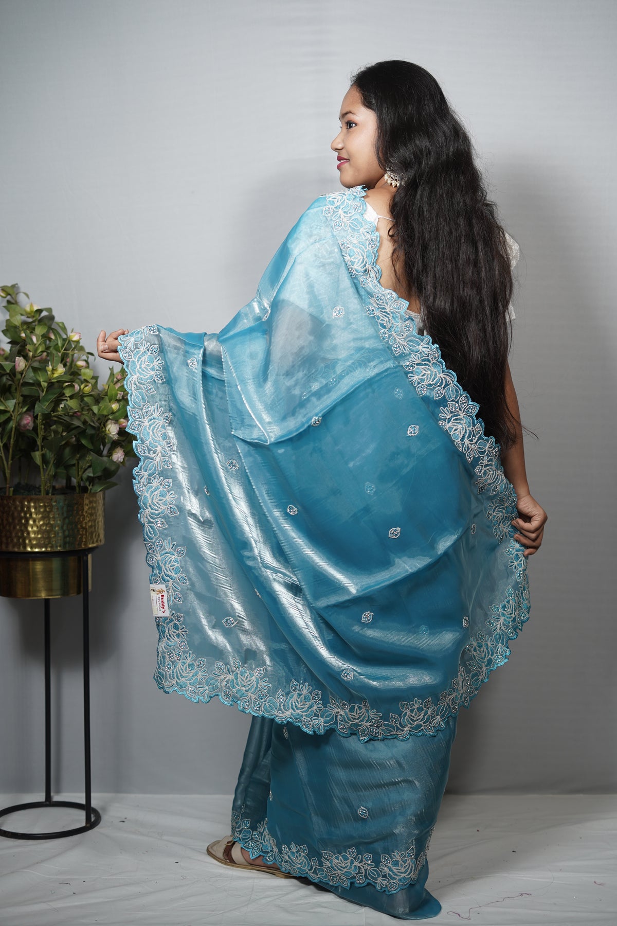 Teal Blue Jimmy Choo Saree with Scalloped Floral Cutwork Border & stone Work