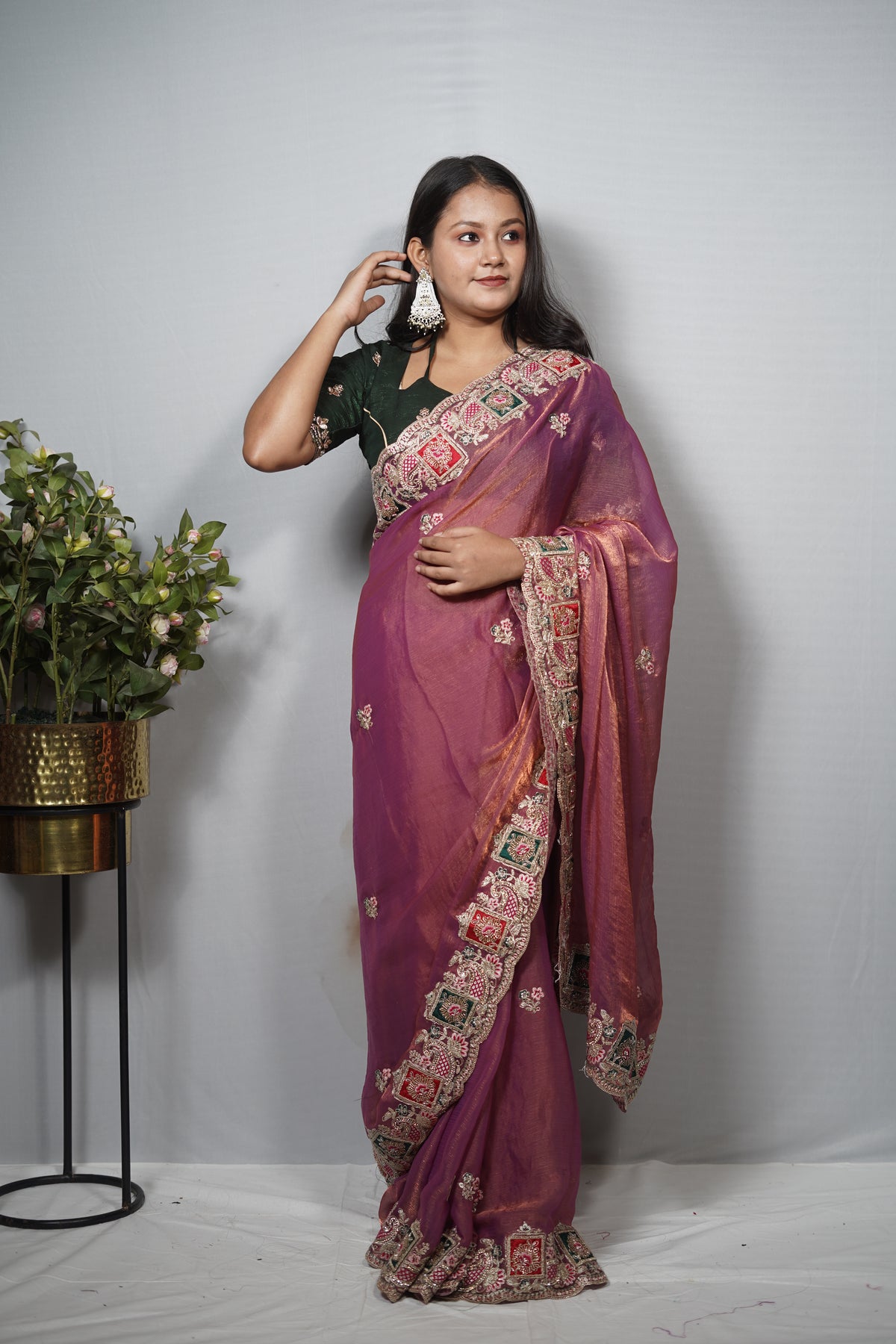 Dual-Tone Silk Saree with Ornate Paneled Border & Zari Work | Party Wear Saree Collection