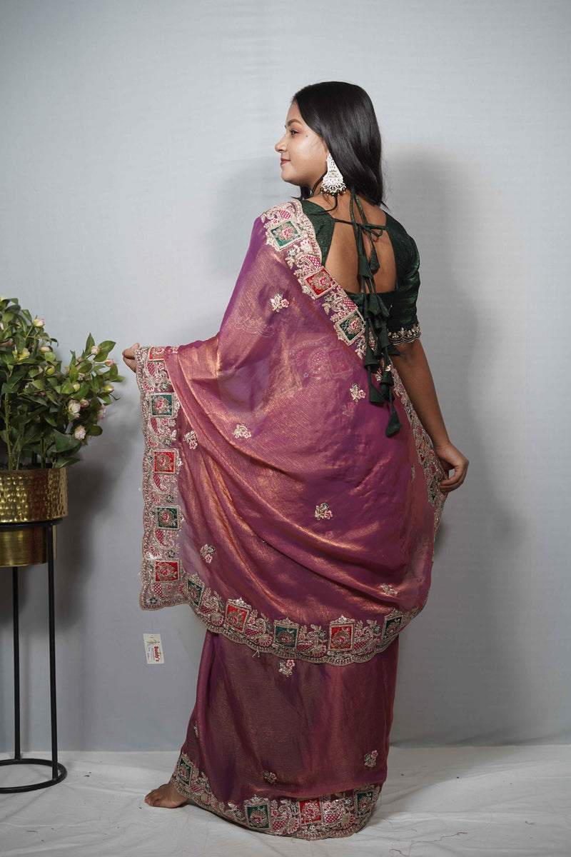 Dual-Tone Silk Saree with Ornate Paneled Border & Zari Work | Party Wear Saree Collection